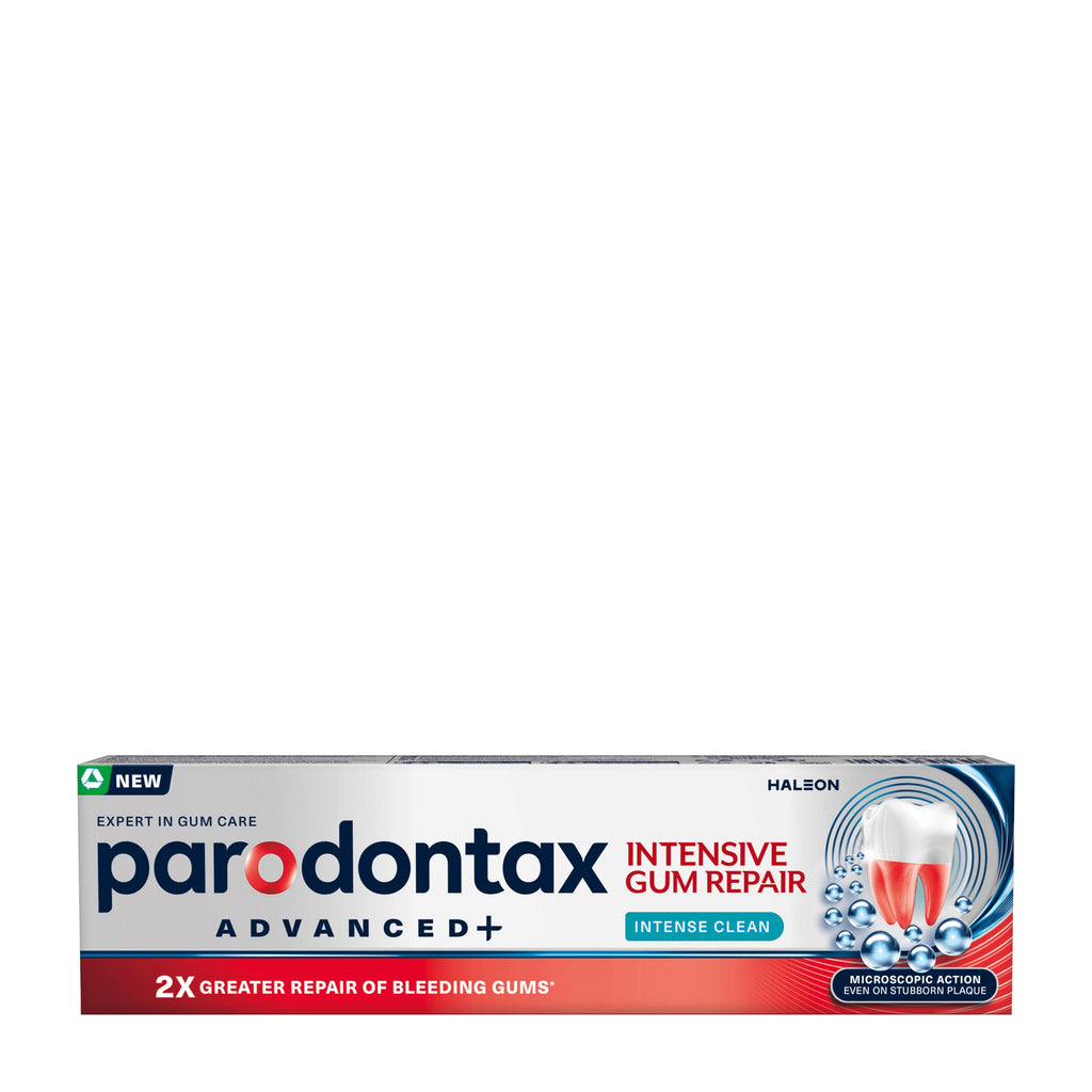 Parodontax Advanced+ Intensive Gum Repair Intense Clean toothpaste packaging on a white background