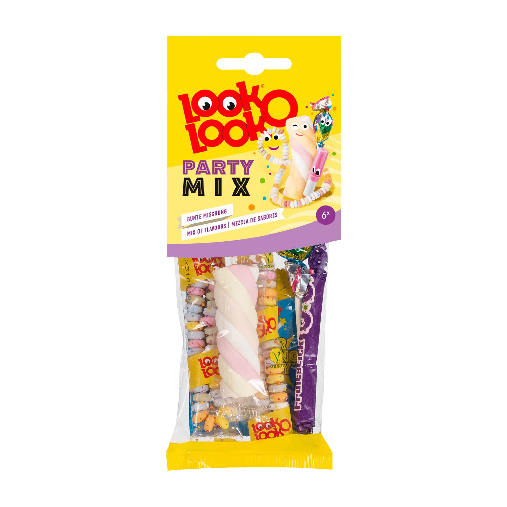 Packaging of Look-O-Look Party Mix candy assortment, showing a colorful variety of candy pieces visible through the clear plastic of the bag.
