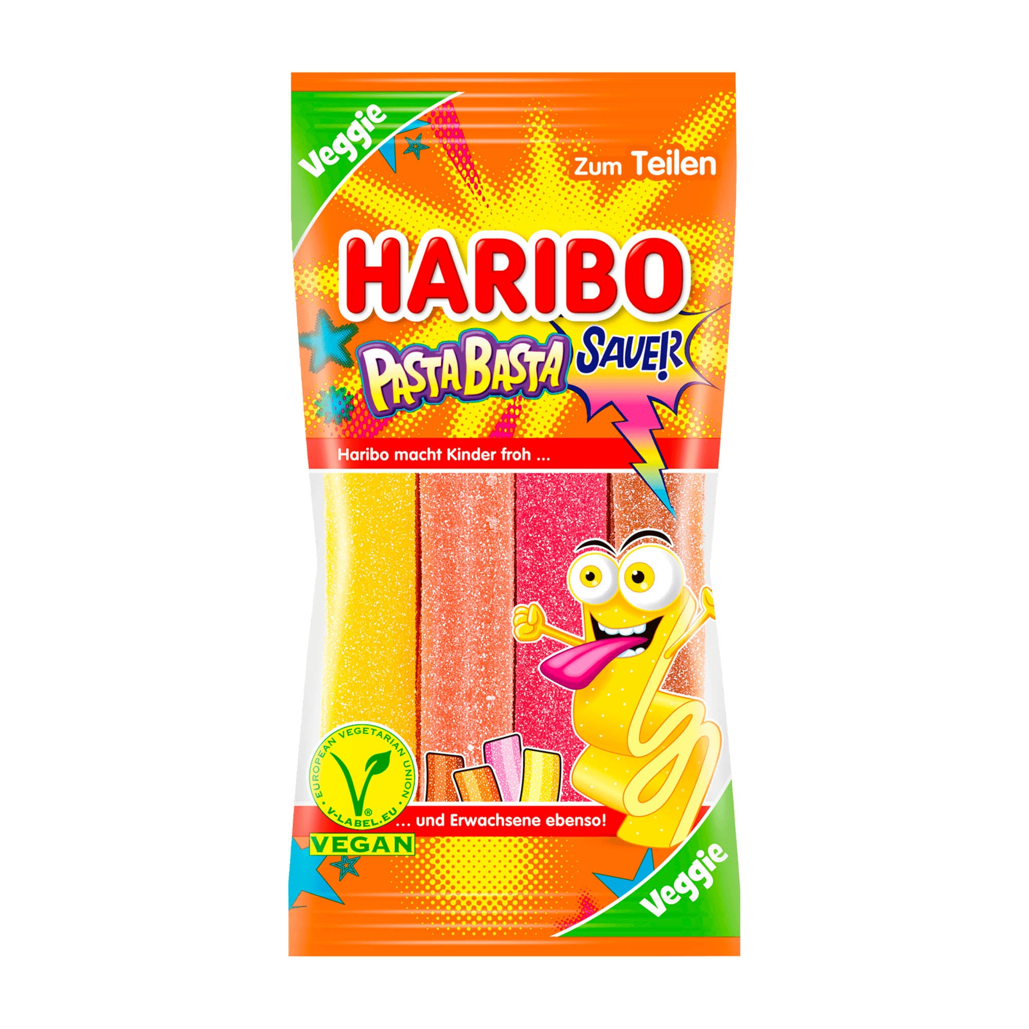 Packaging of Haribo Pasta Basta Sour with colorful fruit gummy strips visible and a cartoon character on the front. The packaging is marked with 'Vegan' and indicates that it is suitable for vegans.