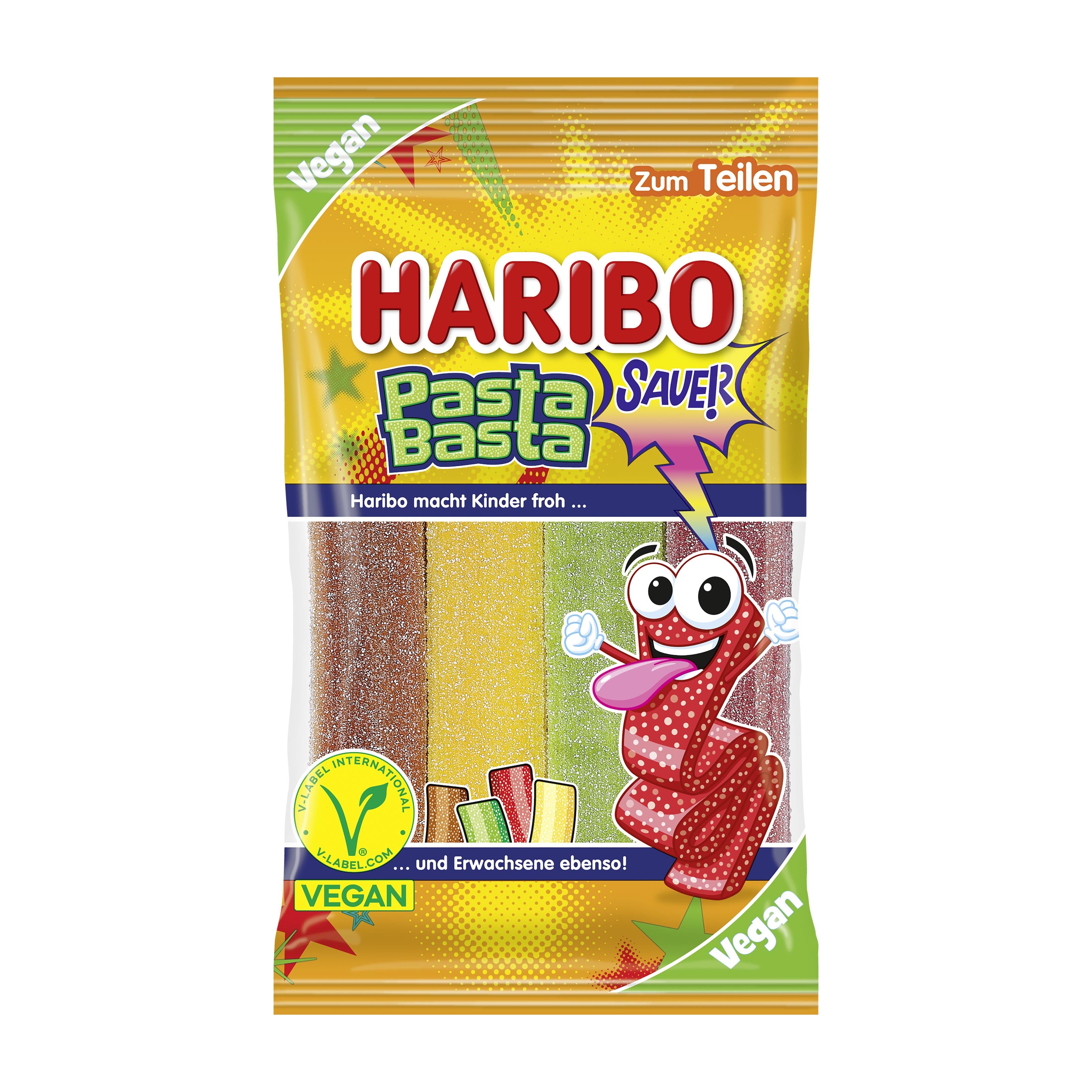 Haribo Pasta Basta Sour gummy candy package on a white background