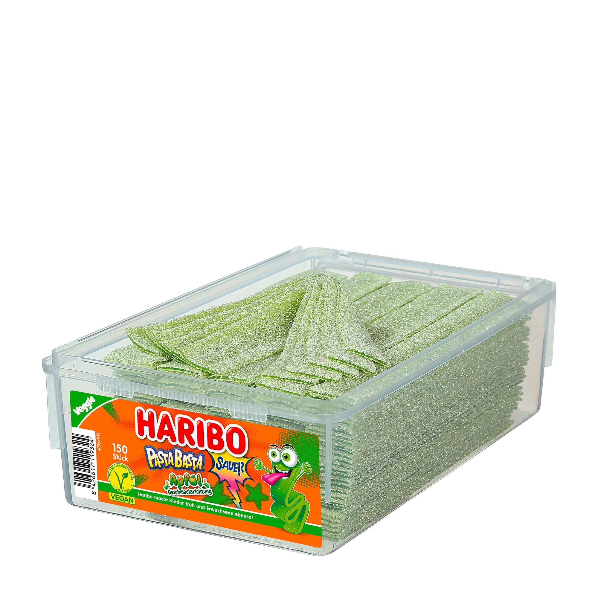 Haribo Pasta Basta Sour Apple fruit gummy in a clear container on a white background