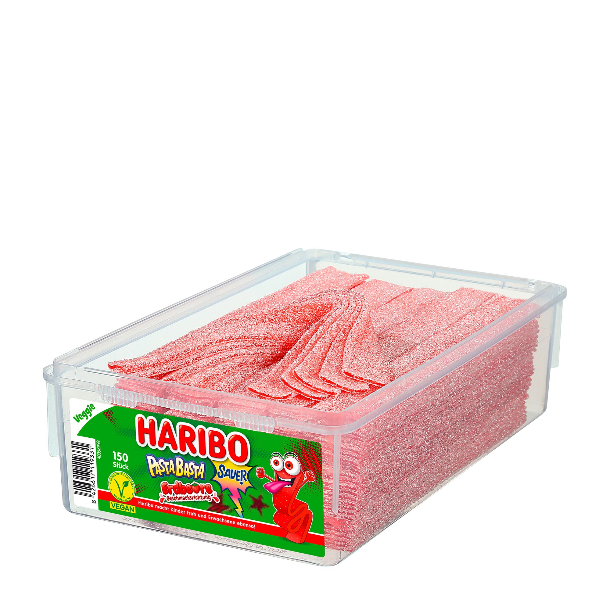 Haribo Pasta Basta Sour Strawberry fruit gummy candy in a clear container on a white background