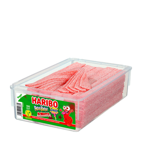 Haribo Pasta Basta Sour Strawberry fruit gummy candy in a clear container on a white background