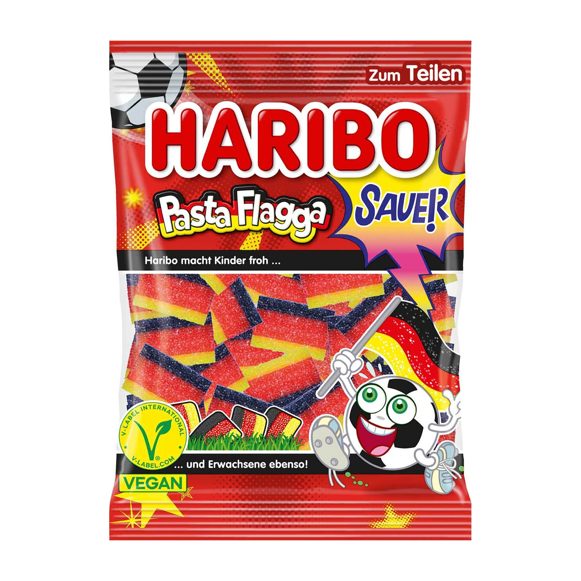 Haribo Pasta Flagga Sour gummy candy package with colorful design and cartoon character on a white background