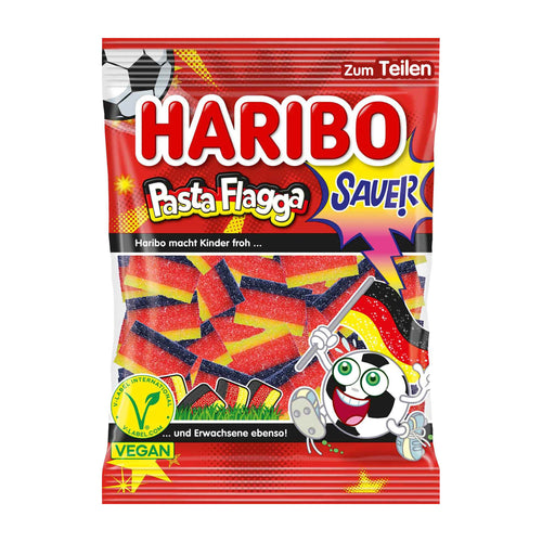 Haribo Pasta Flagga Sour gummy candy package with colorful design and cartoon character on a white background