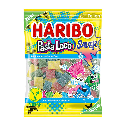 Haribo Pasta Loco sour gummy candy packaging on a white background