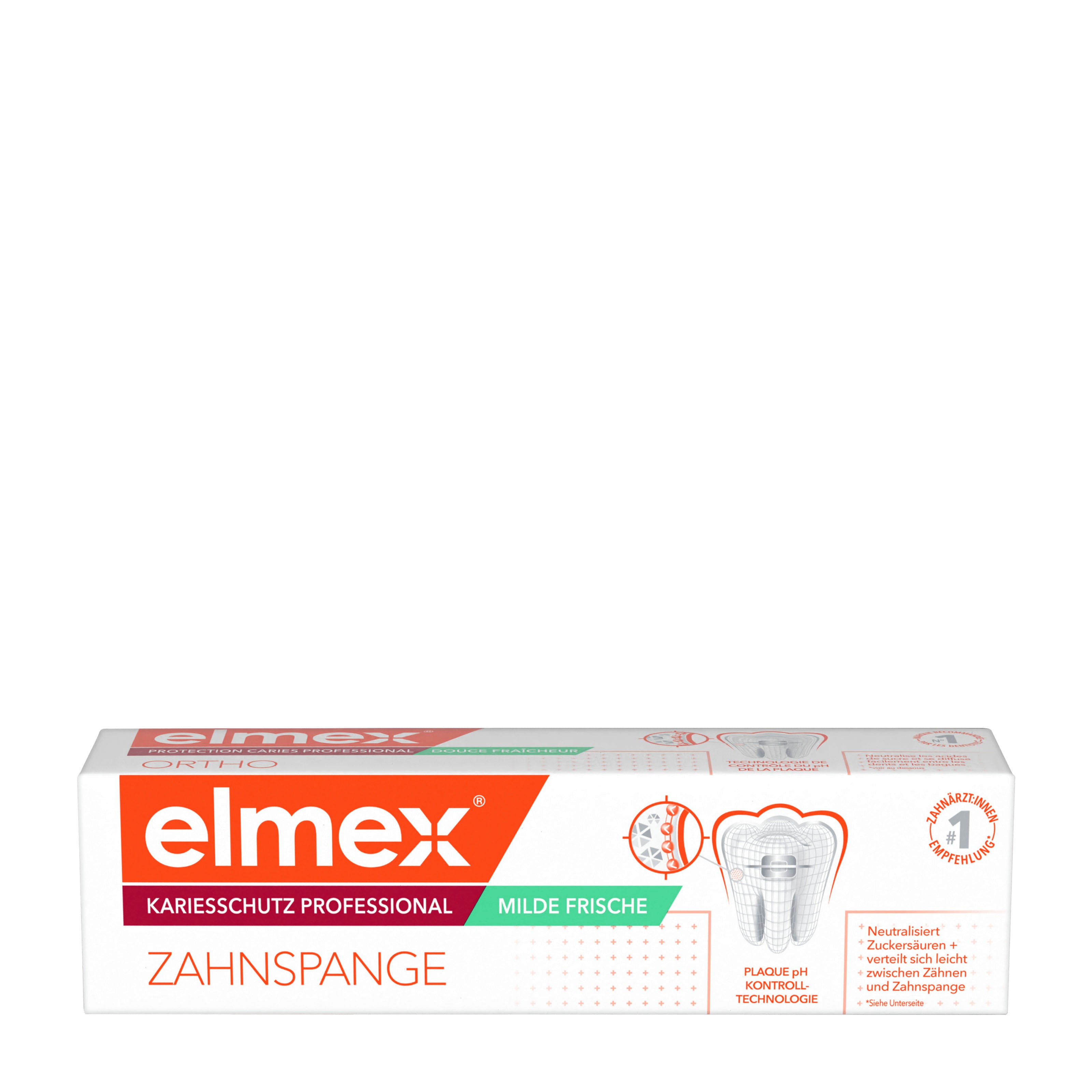 elmex Caries Protection Professional + Braces Mild Fresh toothpaste packaging on a white background