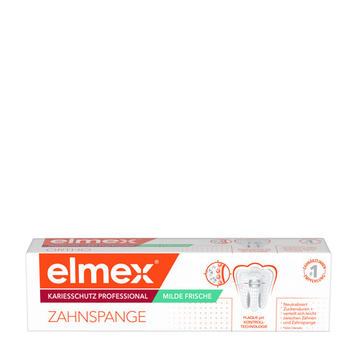 elmex Caries Protection Professional + Braces Mild Fresh toothpaste packaging on a white background