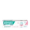 Box of elmex Sensitive Plus Sensitivity + Gum Care toothpaste, 75 mL with a visual representation of the toothpaste's benefits for sensitive teeth and gums.