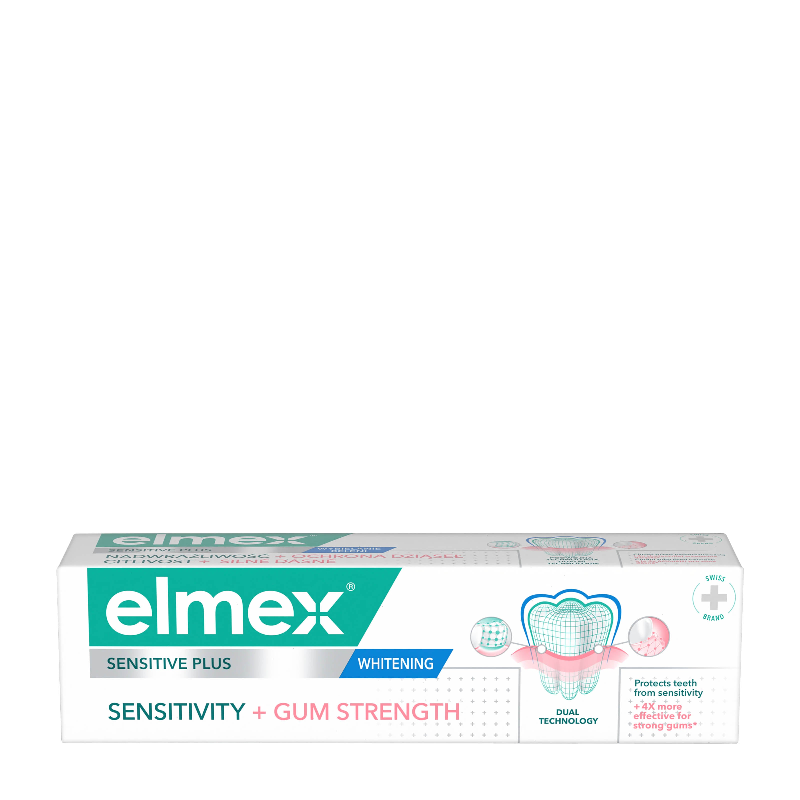 Elmex Sensitive Plus Sensitivity + Gum Strength Whitening toothpaste packaging on a white background