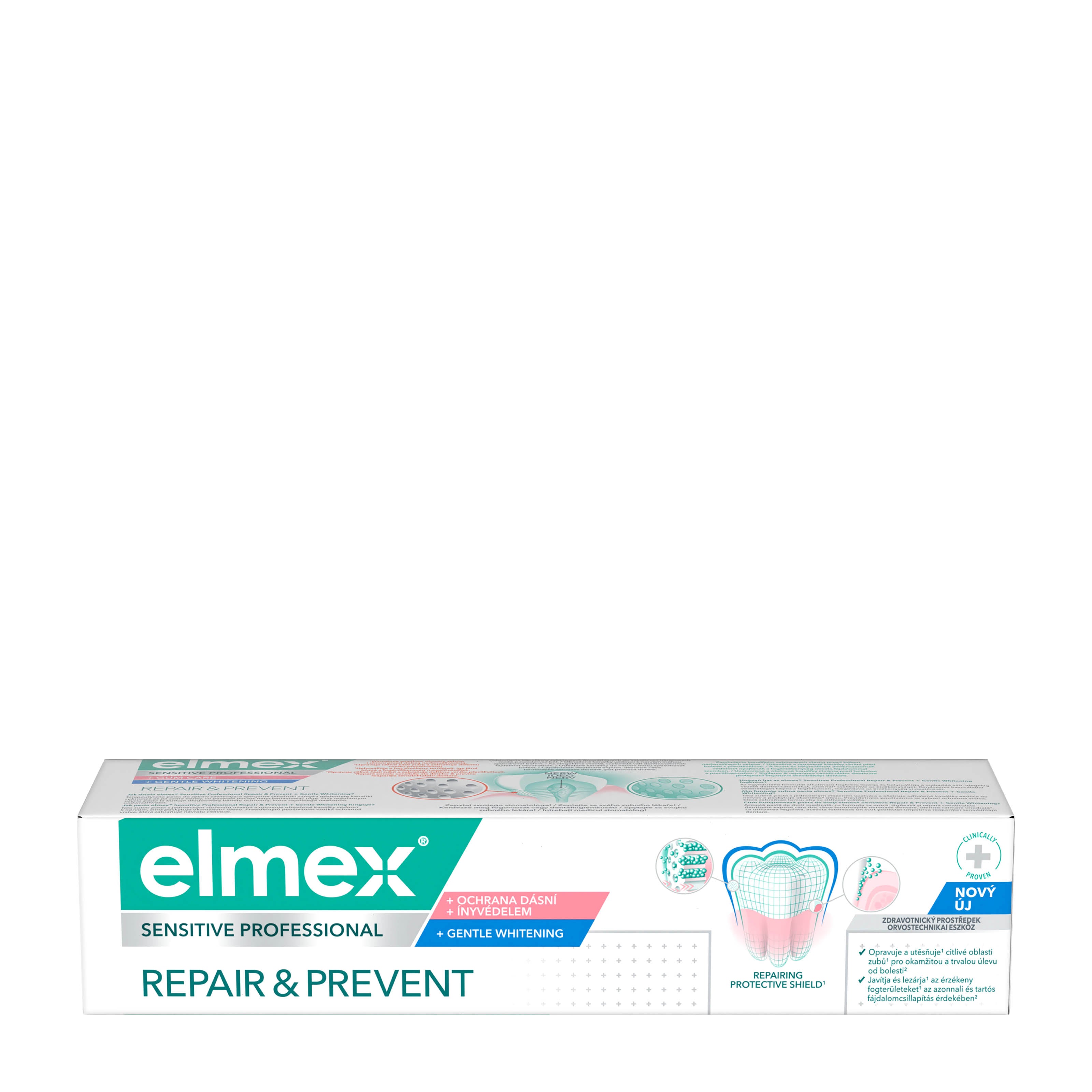 Elmex Sensitive Professional Repair & Prevent + Gentle Whitening toothpaste packaging on a white background