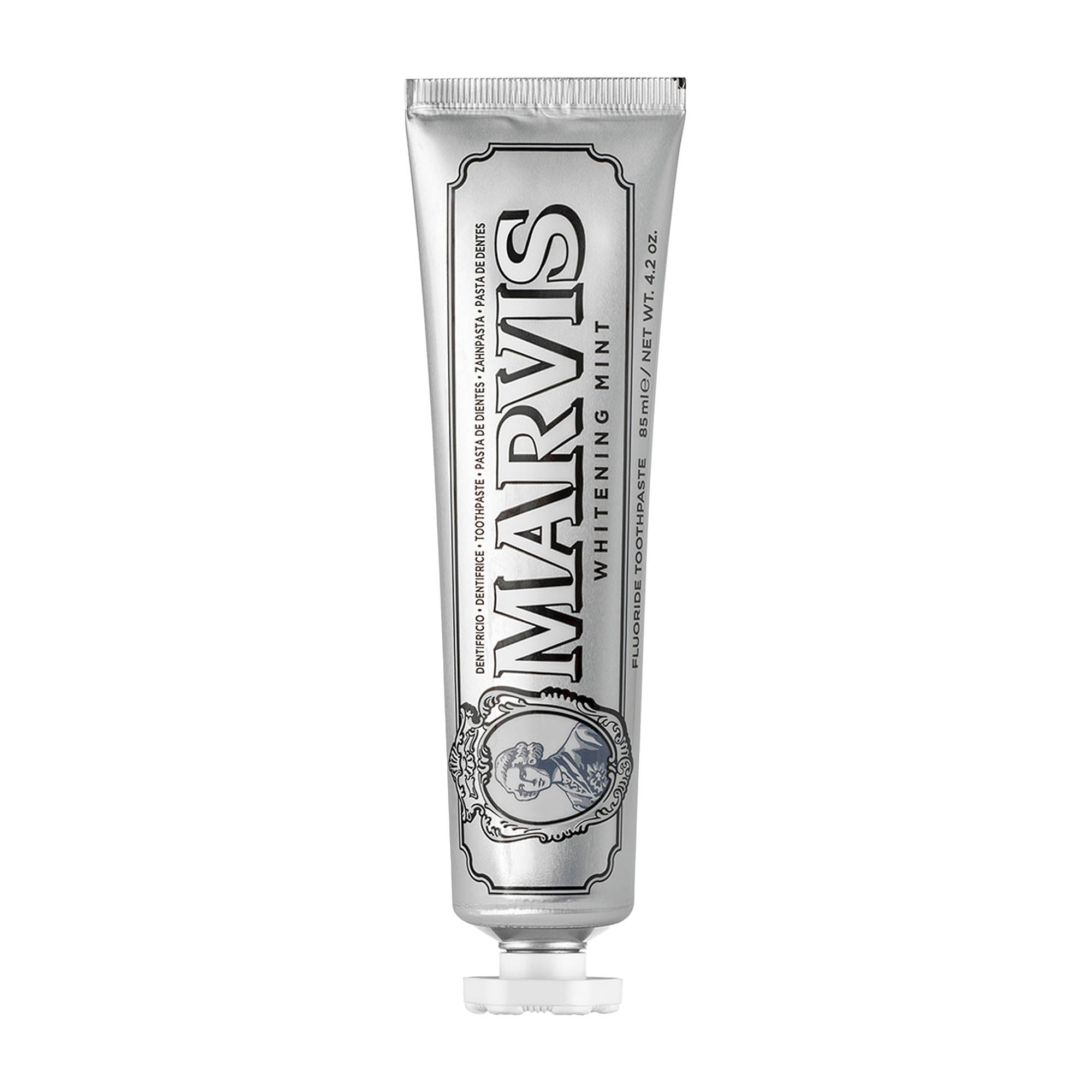Marvis Whitening Mint toothpaste tube on a white background