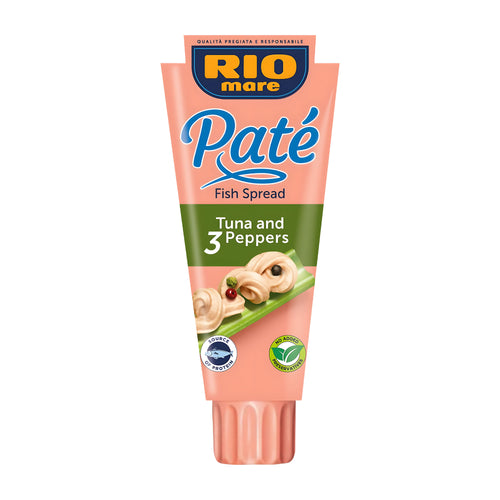 Tube of Rio Mare Pate Tuna Fish Spread 3 Peppers on a white background