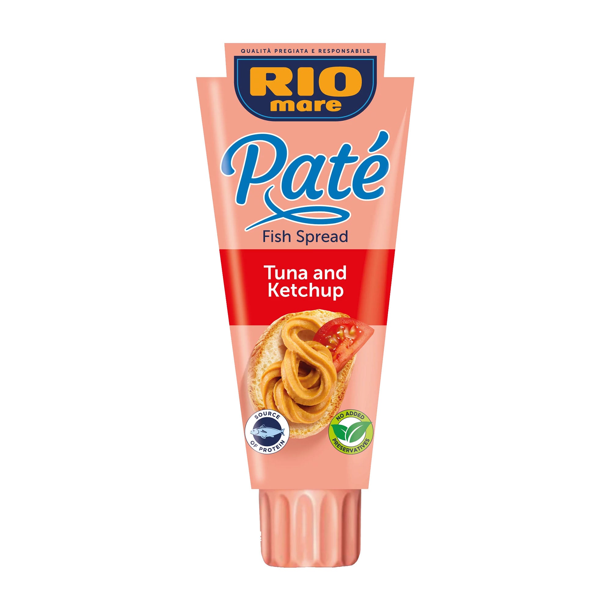 Rio Mare Pate Tuna and Ketchup fish spread tube on a white background