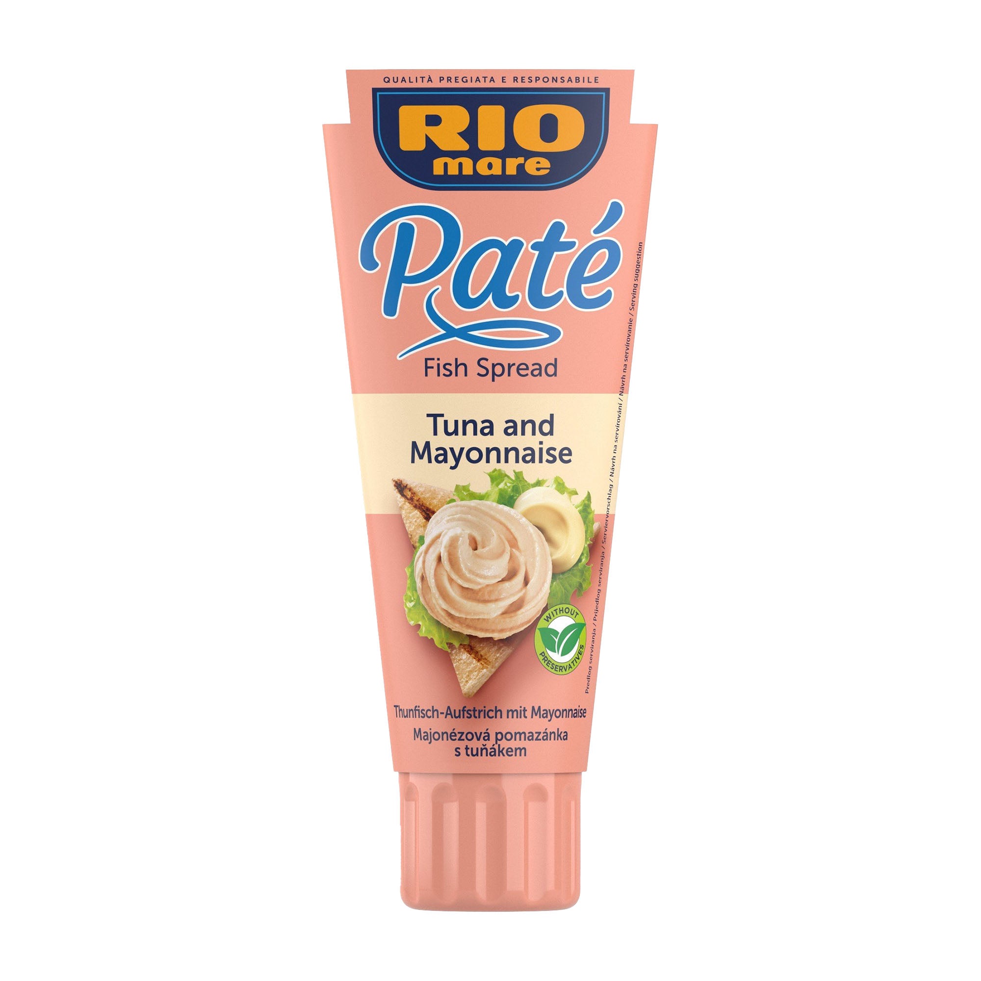 Tube of Rio Mare Pate Tuna and Mayonnaise fish spread on a white background