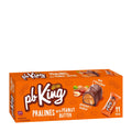 A box of pb King Pralines with Peanut Butter. The packaging is orange with images of the pralines and a running cartoon character.