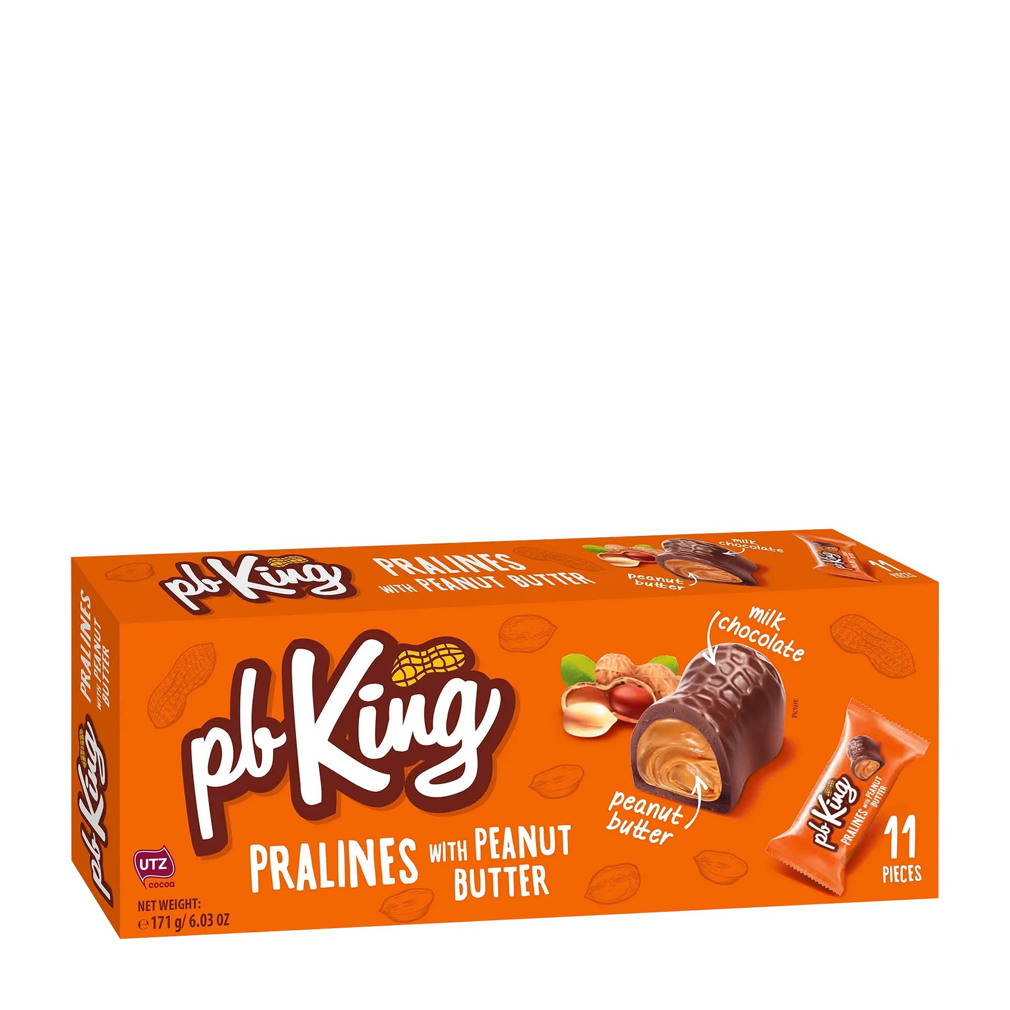 A box of pb King Pralines with Peanut Butter. The packaging is orange with images of the pralines and a running cartoon character.