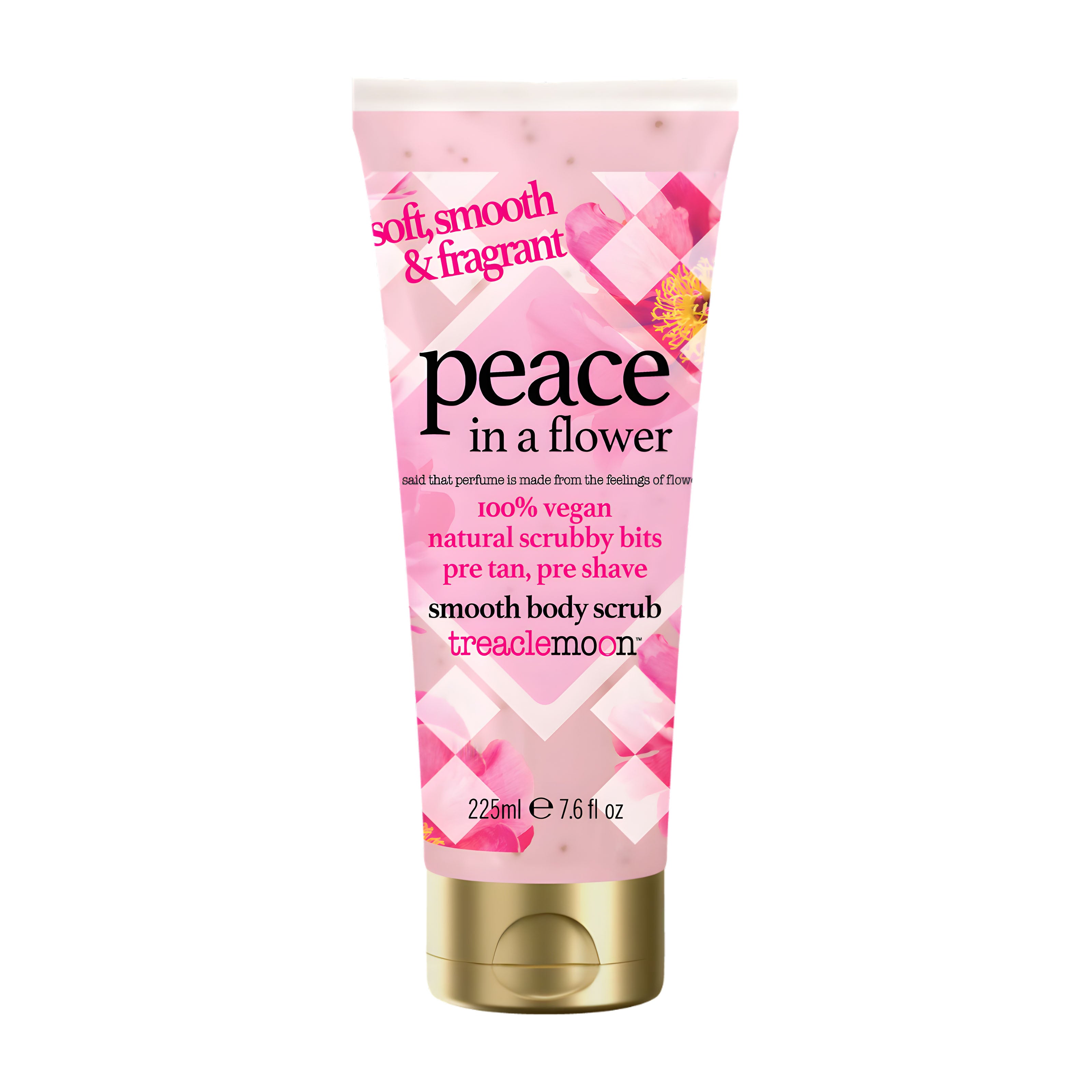 Tube of Treaclemoon Peace in a Flower smooth body scrub with pink and gold design on a white background