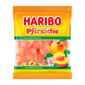 A package of Haribo Peach Fruit Gummy candies, with an image of a peach and peach slices on the front.
