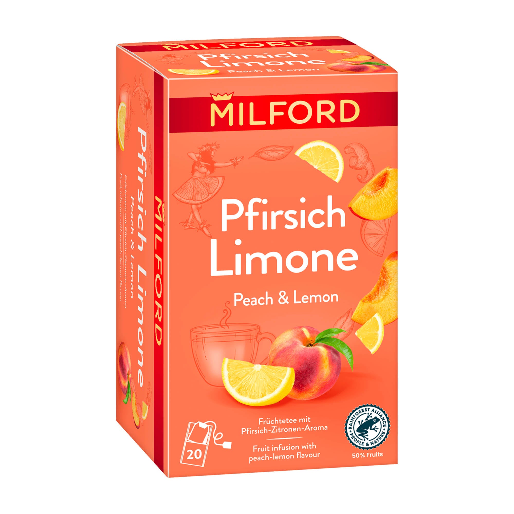 A box of Milford Peach & Lemon fruit tea, with peach and lemon images, and a cup of tea with a lemon slice on the cover.