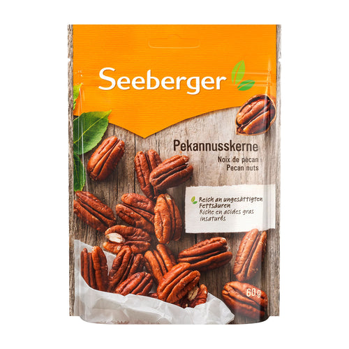 Package of Seeberger pecan nuts on a white background