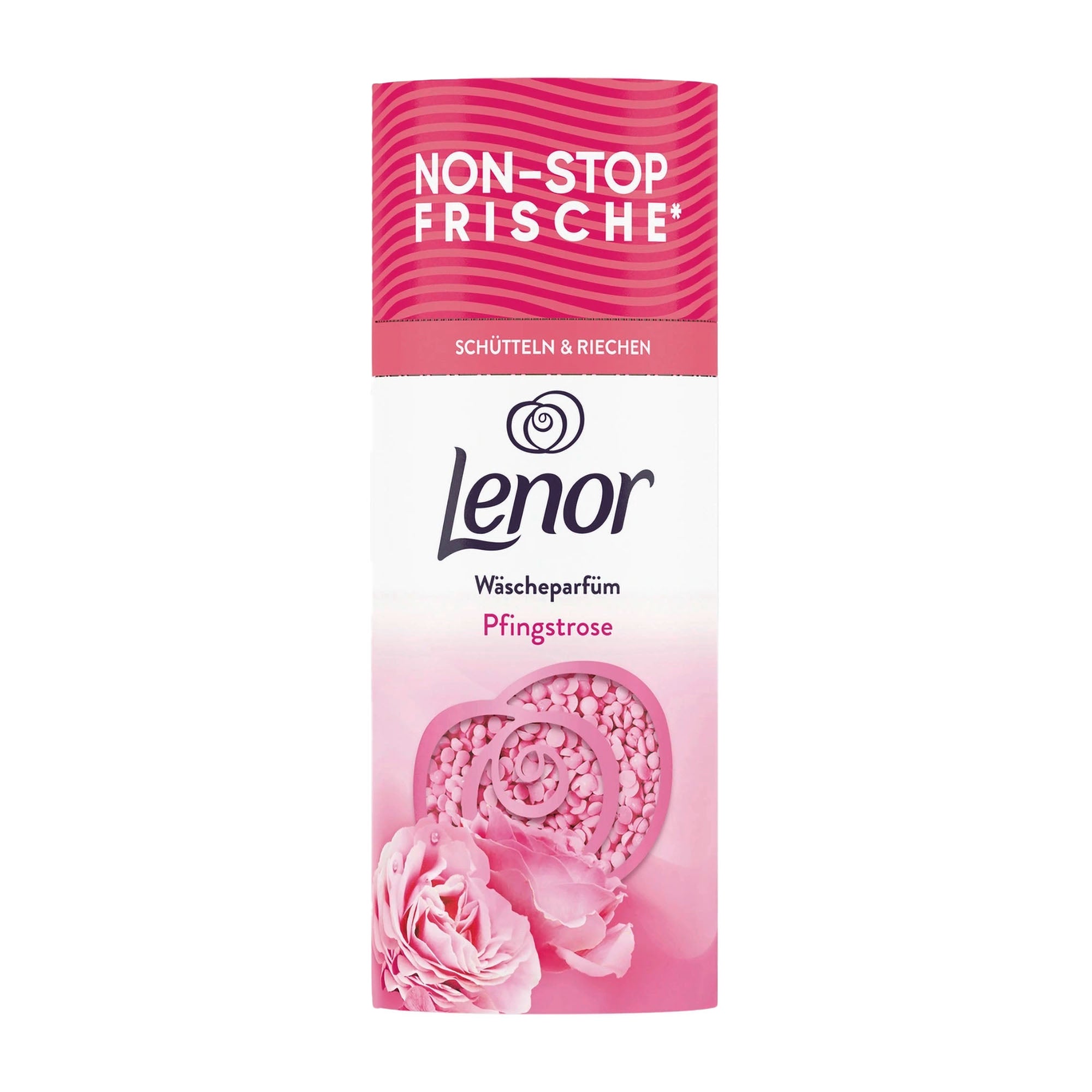 Lenor Peony laundry perfume pearls packaging with pink and white design on a white background