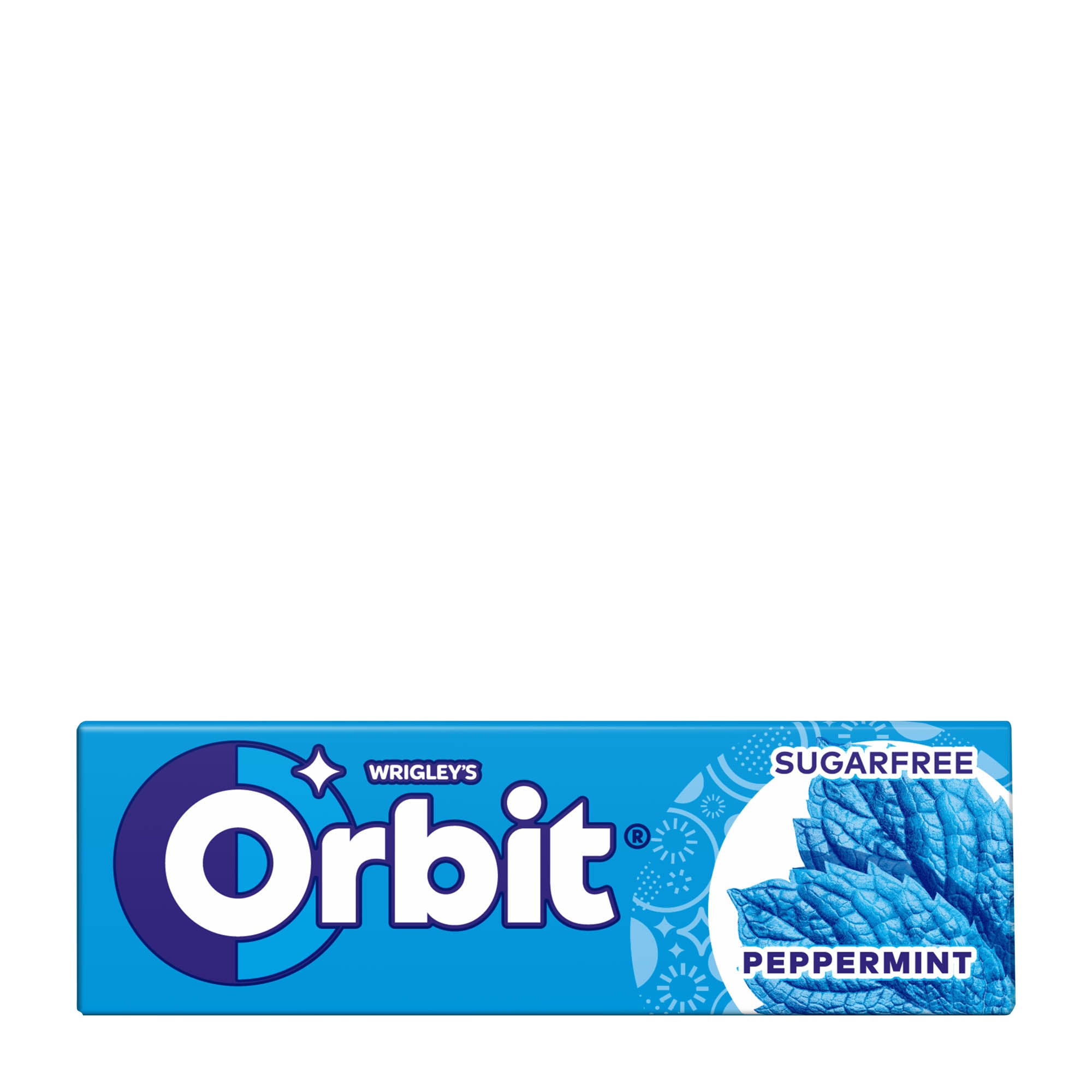 Packaging of Orbit Peppermint chewing gum, indicating sugar-free and 10 count