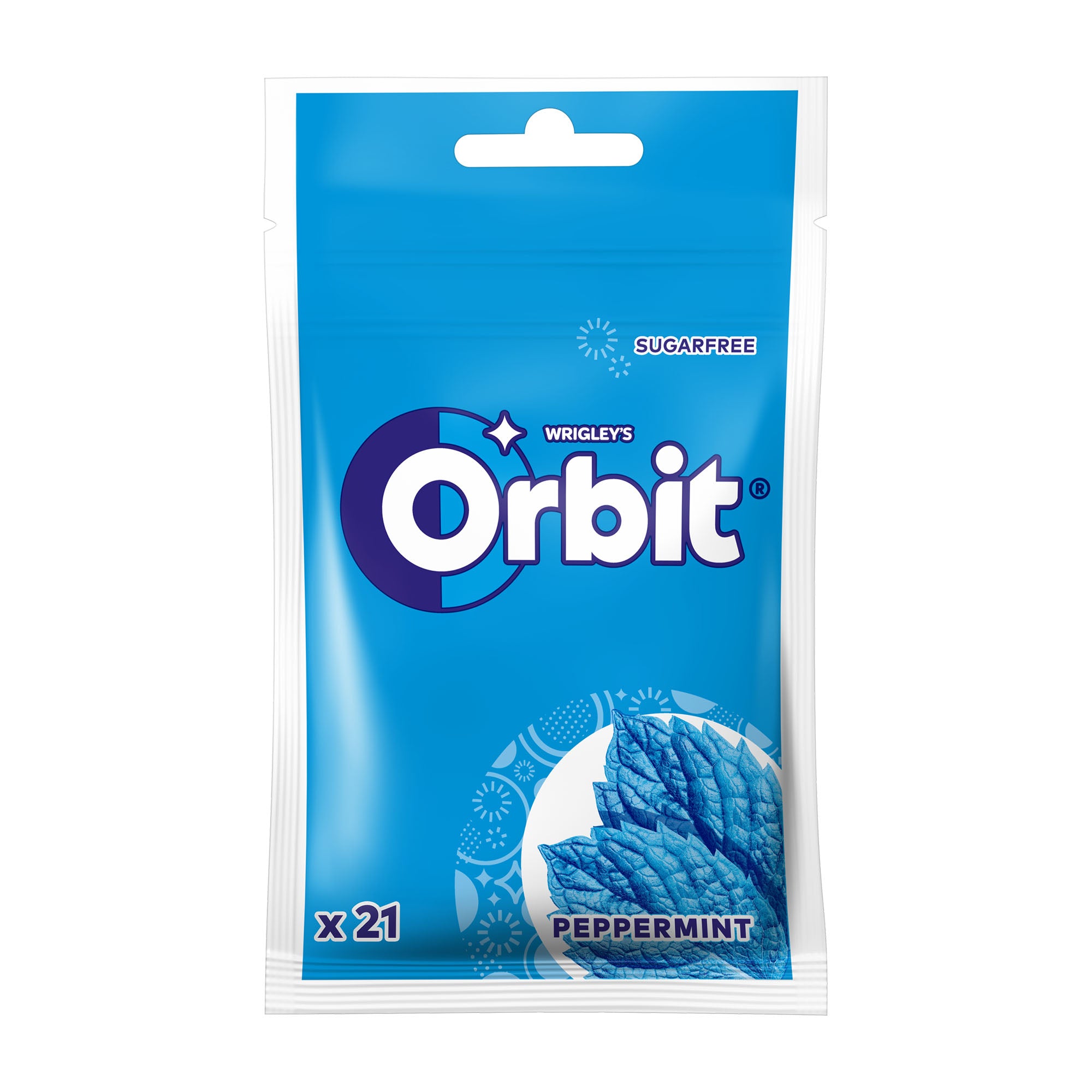 Packaging of Orbit Peppermint chewing gum, showing a blue packet with the Orbit logo and the text 'Peppermint' with a count of 21.
