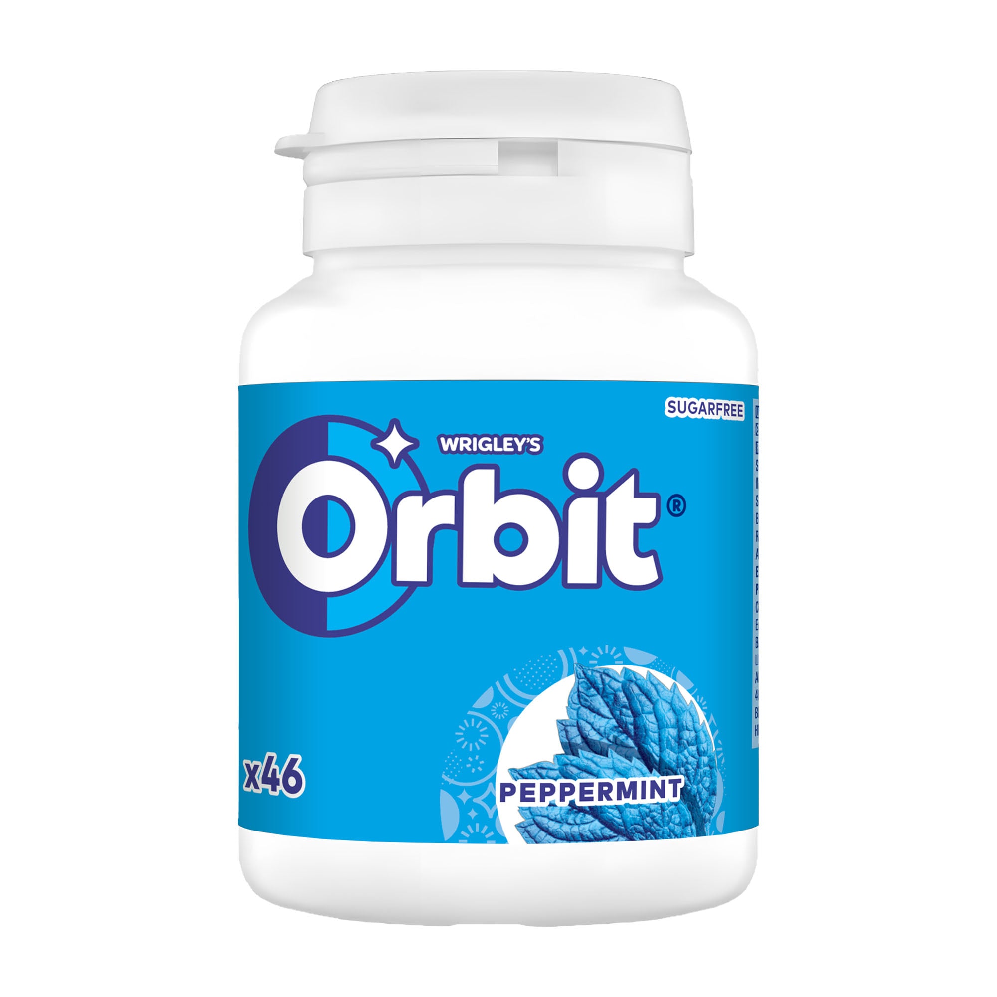 A blue container of Orbit Peppermint sugar-free chewing gum with 46 pieces inside.