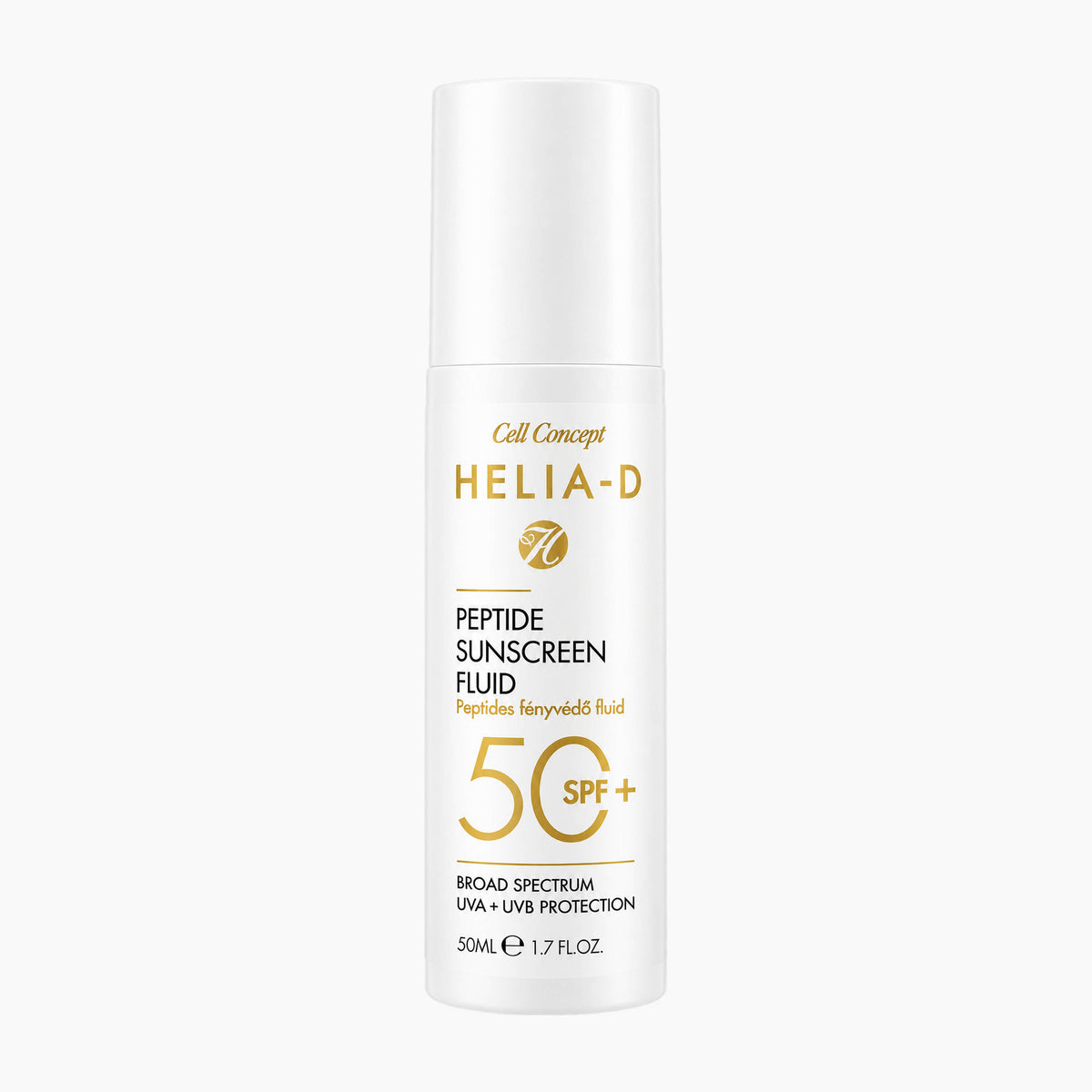 Helia-D Cell Concept Peptide Sunscreen Fluid SPF 50+ in a white cylindrical bottle with gold and black text, centered on a light gray background.