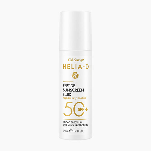Helia-D Cell Concept Peptide Sunscreen Fluid SPF 50+ in a white cylindrical bottle with gold and black text, centered on a light gray background.