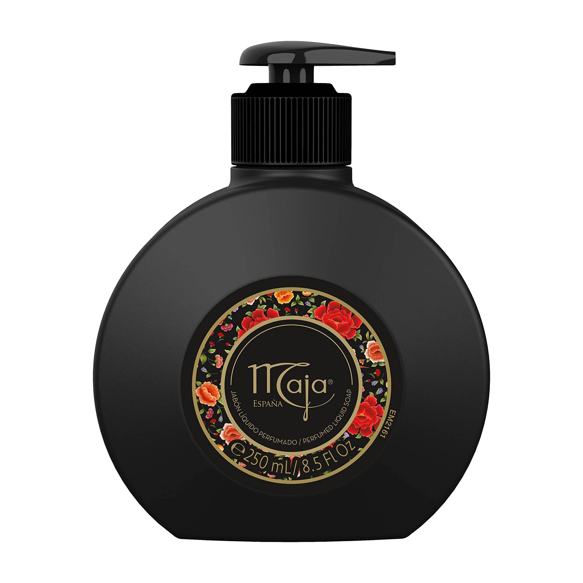 A black pump bottle of Maja perfumed liquid soap with a floral design on the label, indicating a capacity of 250 mL.
