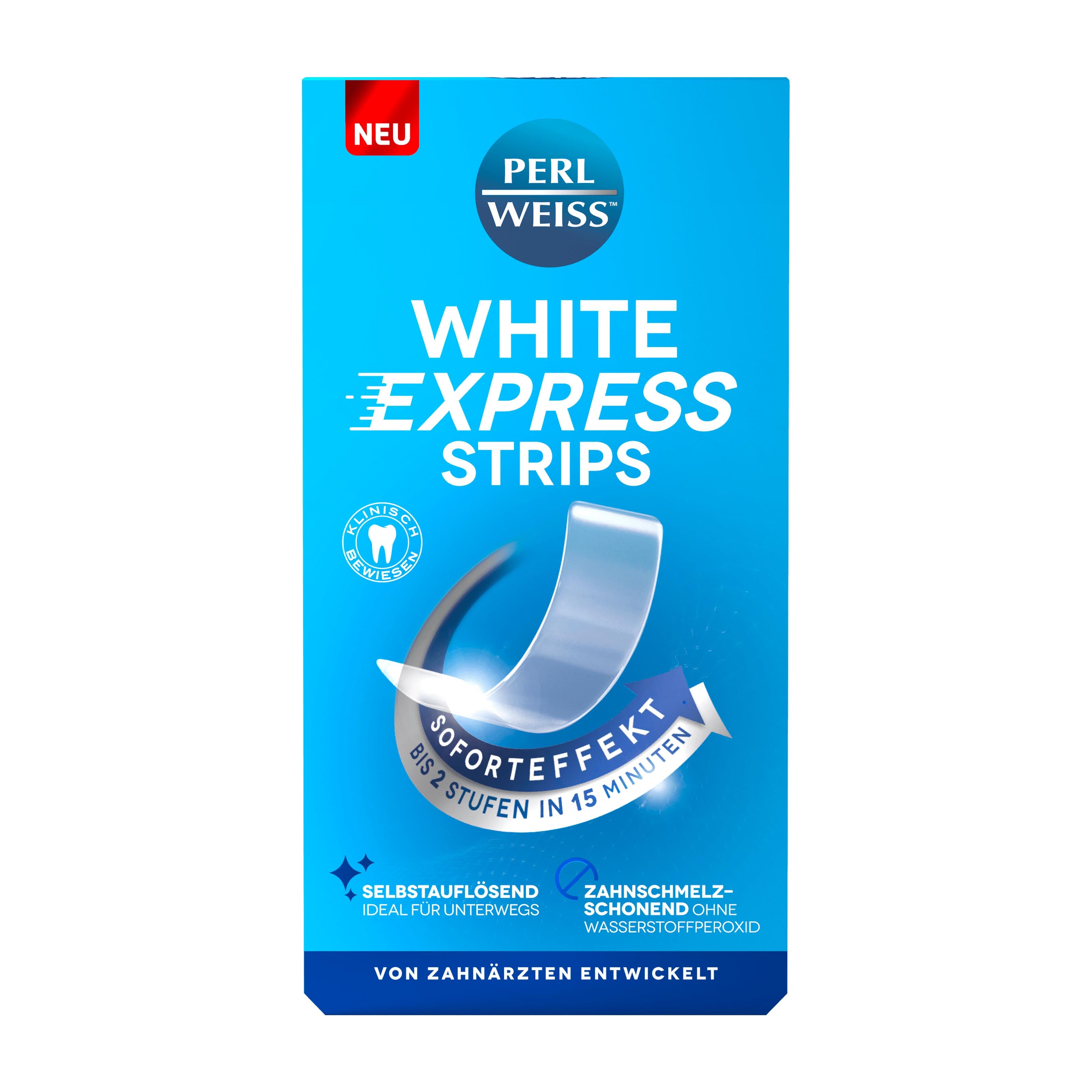 Packaging of Perlweiss White Express Strips on a white background