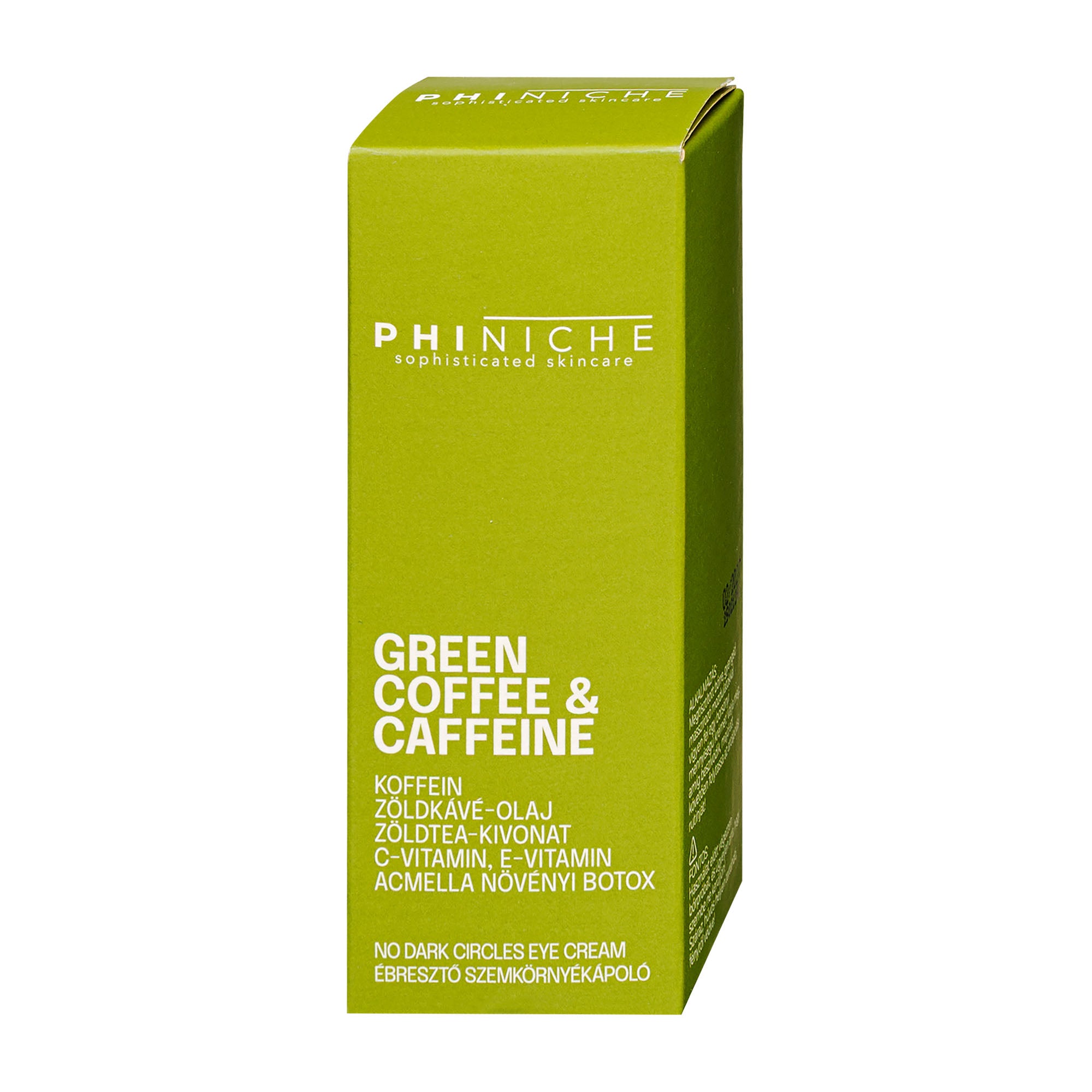 Green coffee and caffeine eye cream box by Phiniche on a white background