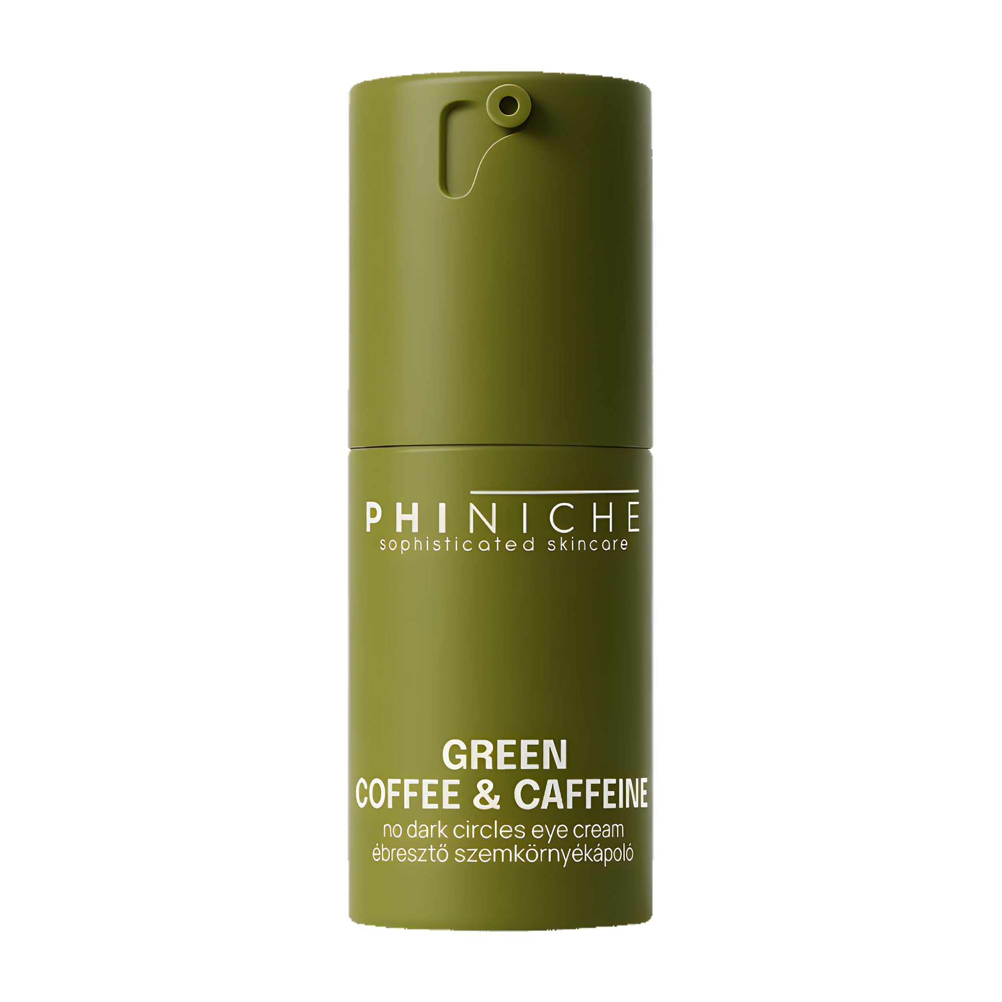 Green Coffee & Caffeine eye cream bottle with 'Phiniche' branding on a white background