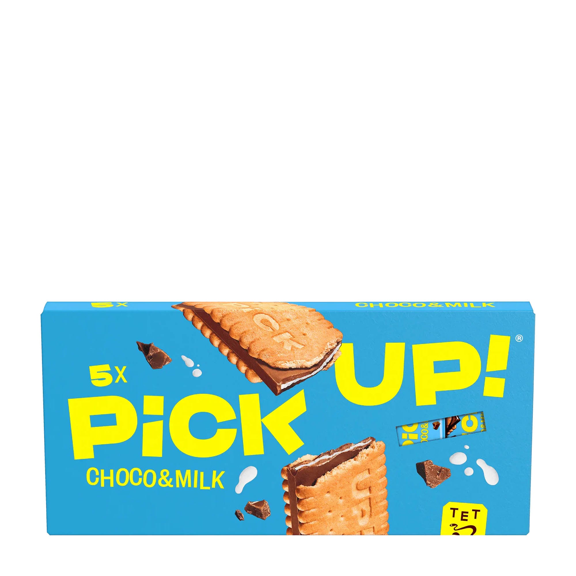 A pack of PiCK UP! Choco & Milk sandwich cookies, showing five individually wrapped cookies with a milk chocolate and milk cream filling.