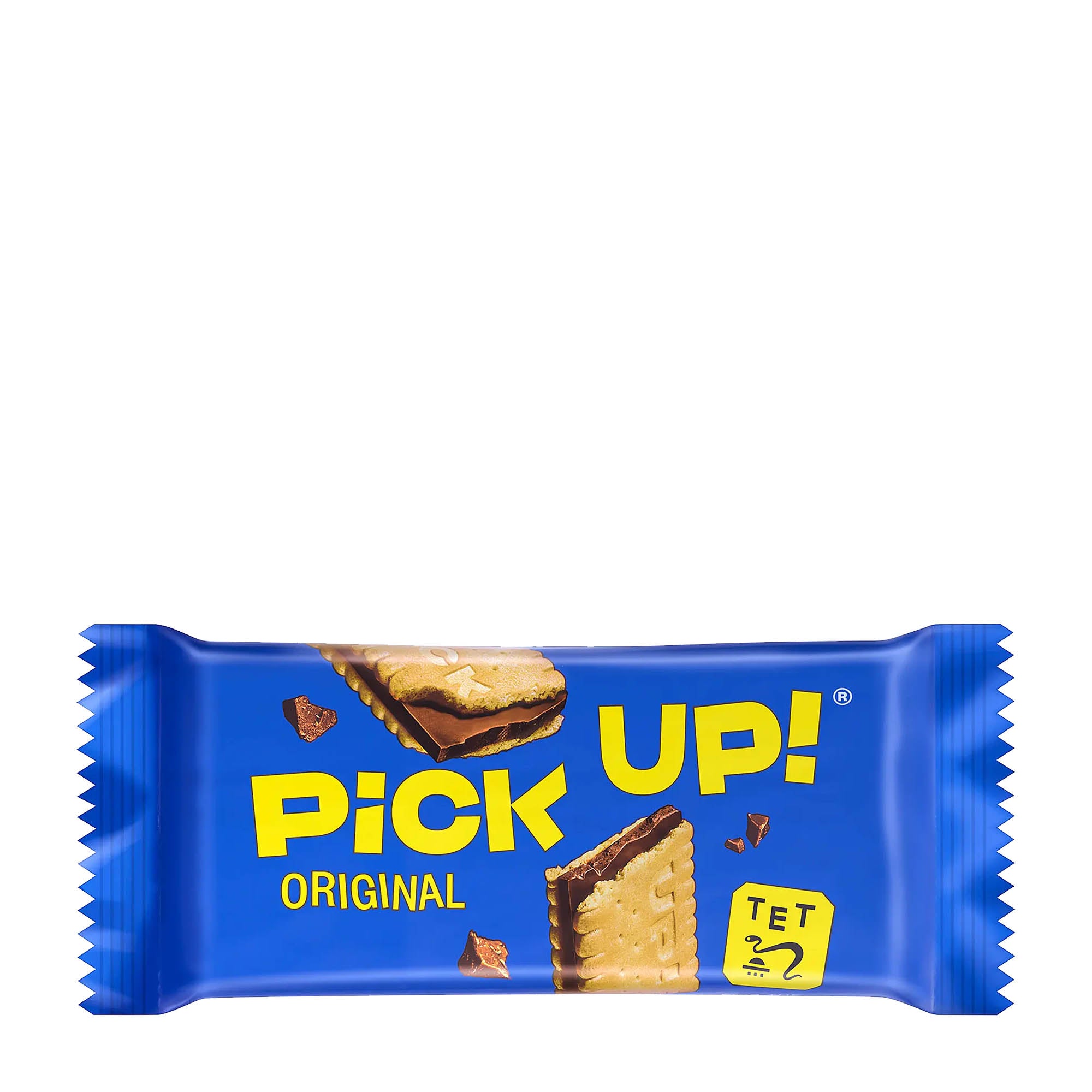 Packaging of PiCK UP! Original sandwich cookies showing the product name, brand, and an image of the chocolate biscuit on a blue background.