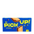 A pack of PiCK UP! Original sandwich cookies, showing five individually wrapped cookies with a chocolate and biscuit design, against a blue background.