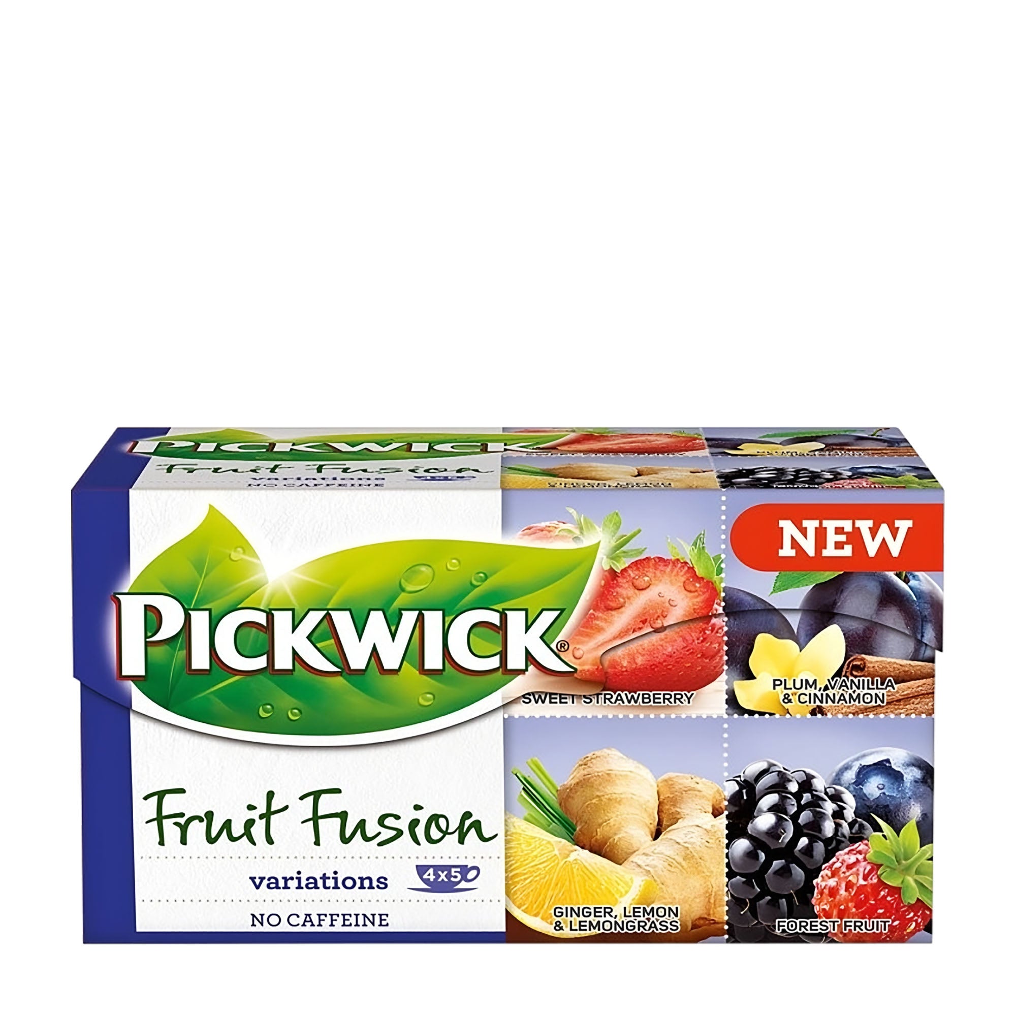 Box of Pickwick Fruit Fusion Variations Blue tea bags with various fruit and herbal flavors including blueberry, ginger, lemon, and cinnamon.