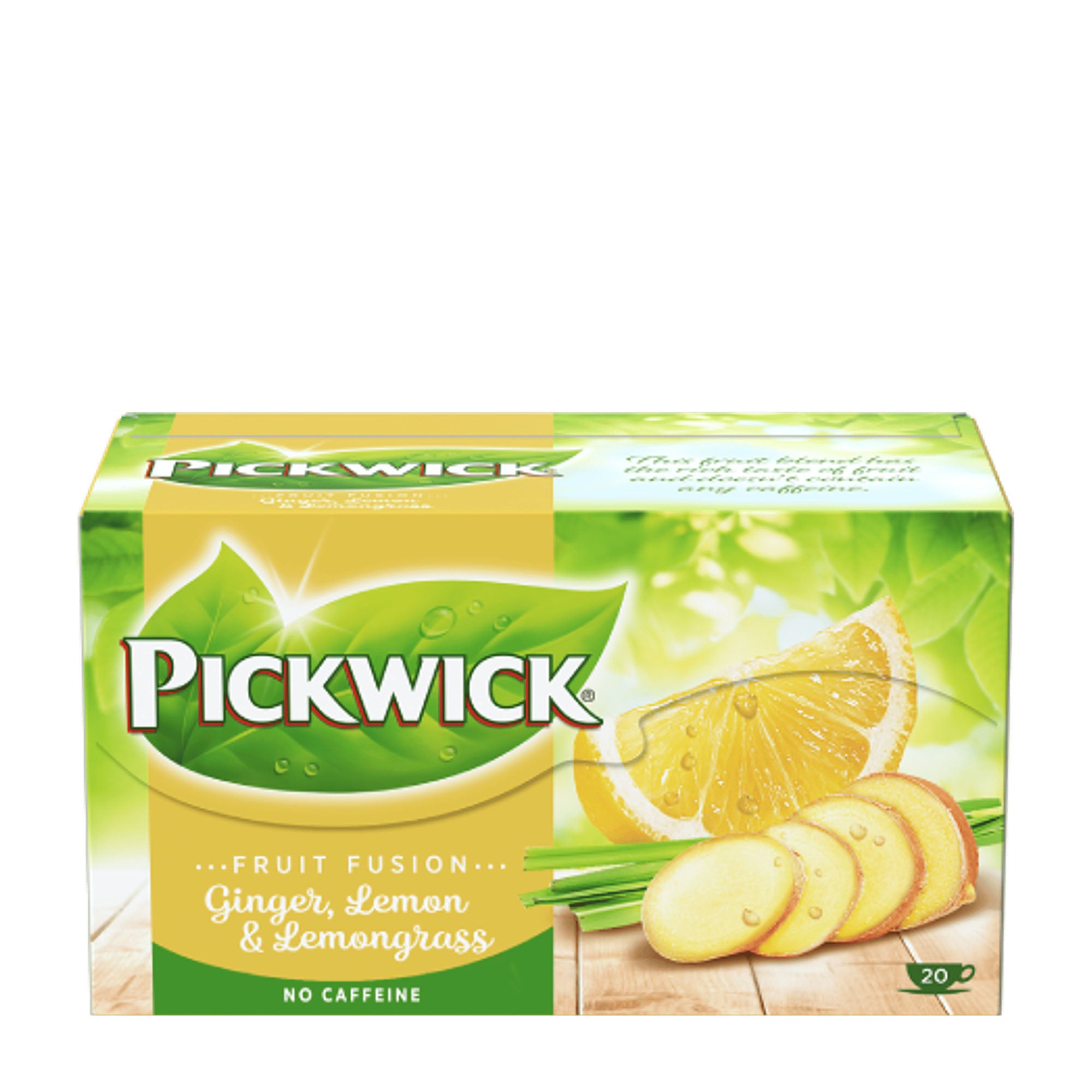 Pack of Pickwick tea with ginger, lemon, and lemongrass on a white background