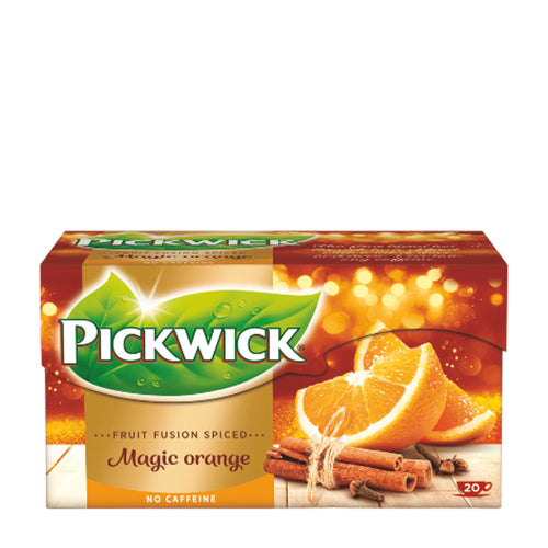 Pack of Pickwick Fruit Fusion Spiced Tea Magic Orange with orange slices and cinnamon sticks on a white background