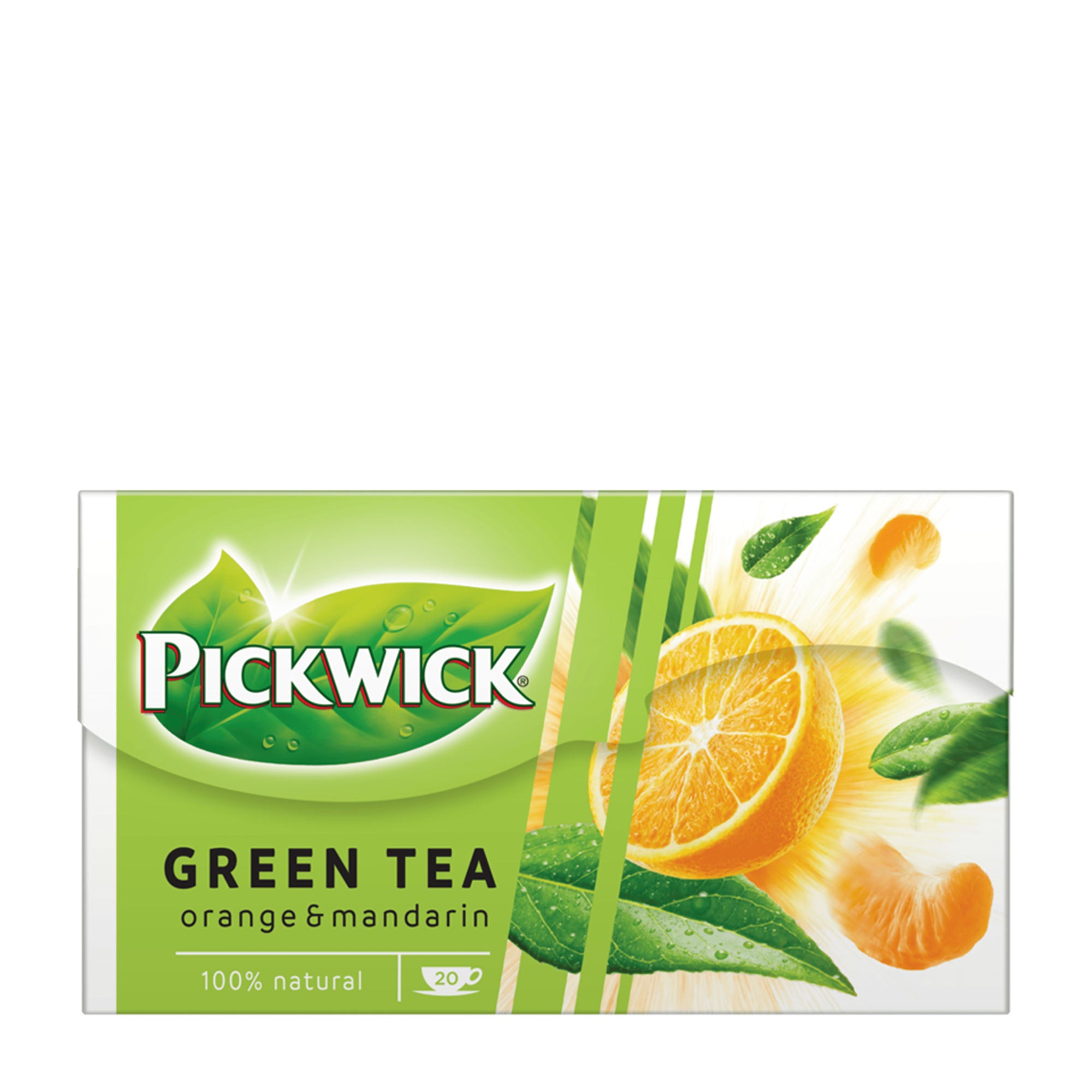 Pack of Pickwick green tea with orange and mandarin flavor on a white background