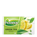 Box of Pickwick Green Tea with Lemon flavor, containing 20 tea bags, emphasizing natural ingredients.
