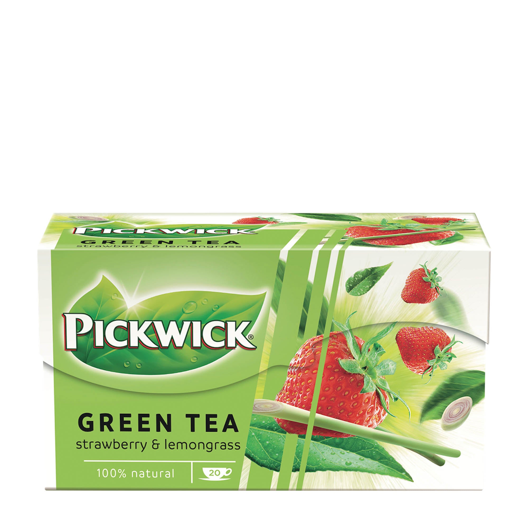 Box of Pickwick Strawberry & Lemongrass green tea on a white background