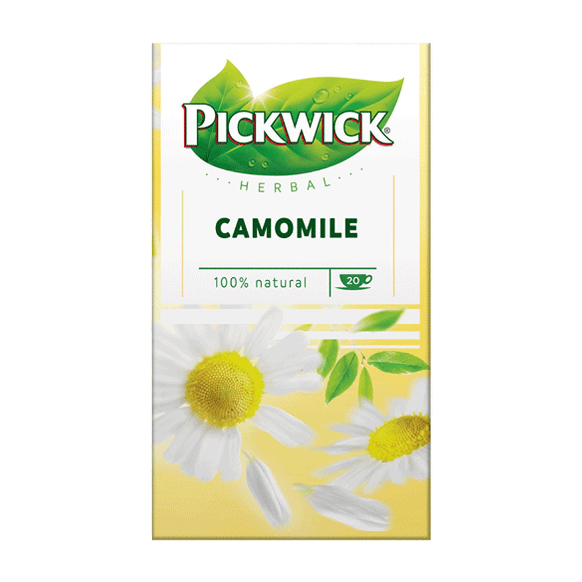 Pack of Pickwick Camomile herbal tea on a white background