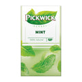 Pack of Pickwick herbal mint tea with peppermint leaves on a white background