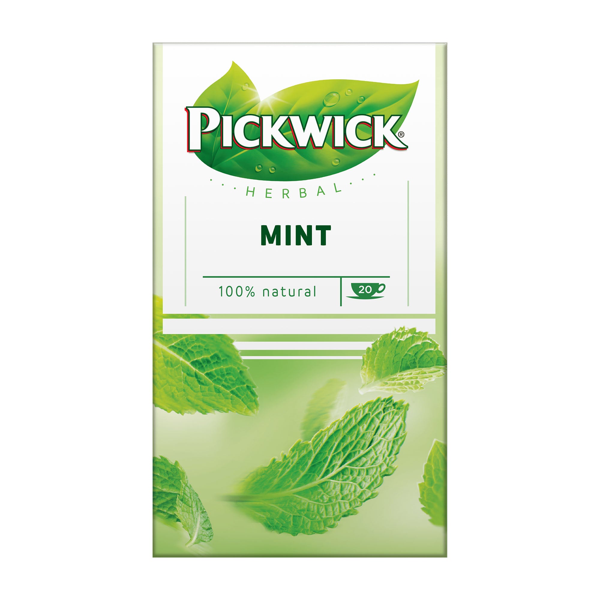 Pack of Pickwick herbal mint tea with peppermint leaves on a white background