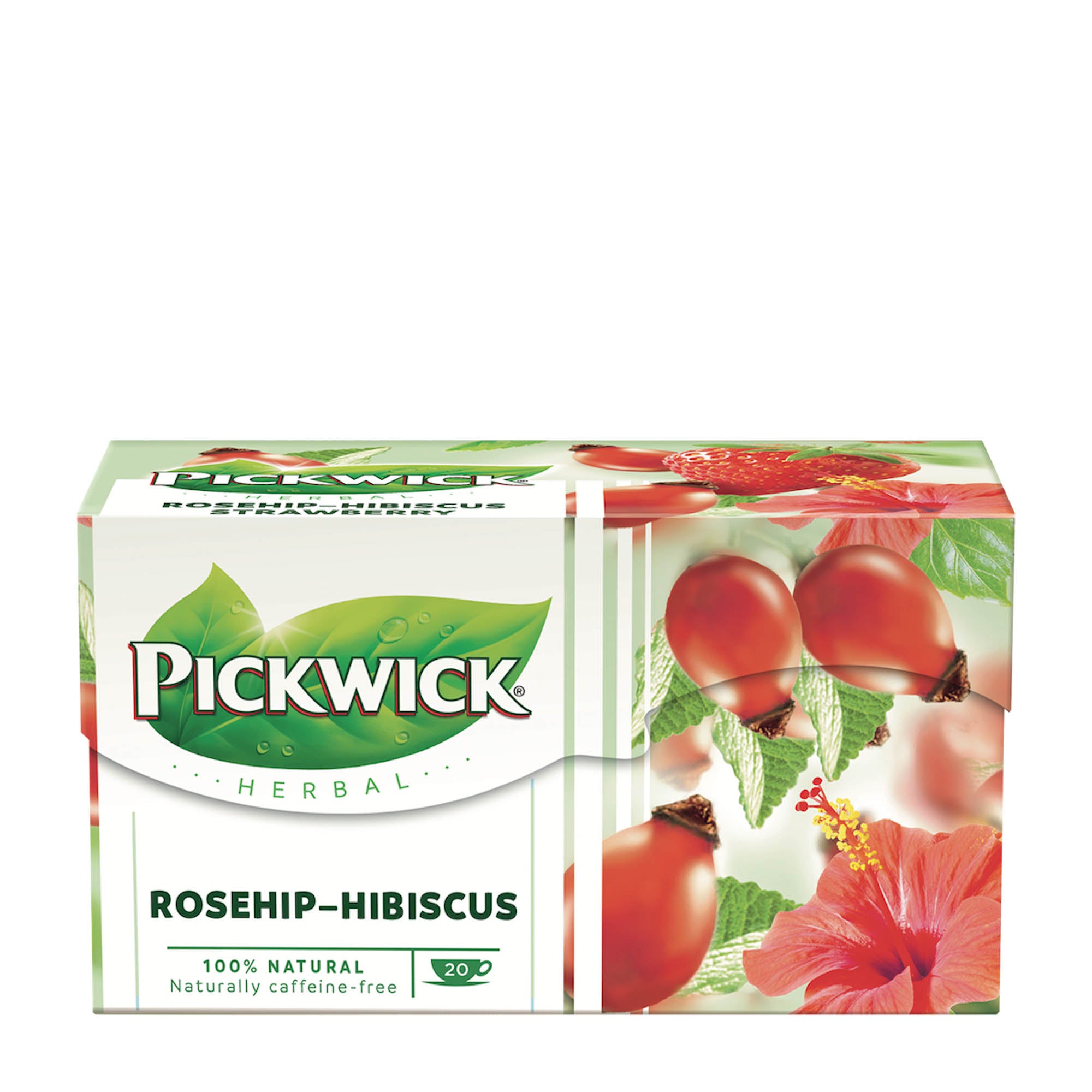 Box of Pickwick Herbal Tea with rosehip & hibiscus flavor, 20 count, decaffeinated.
