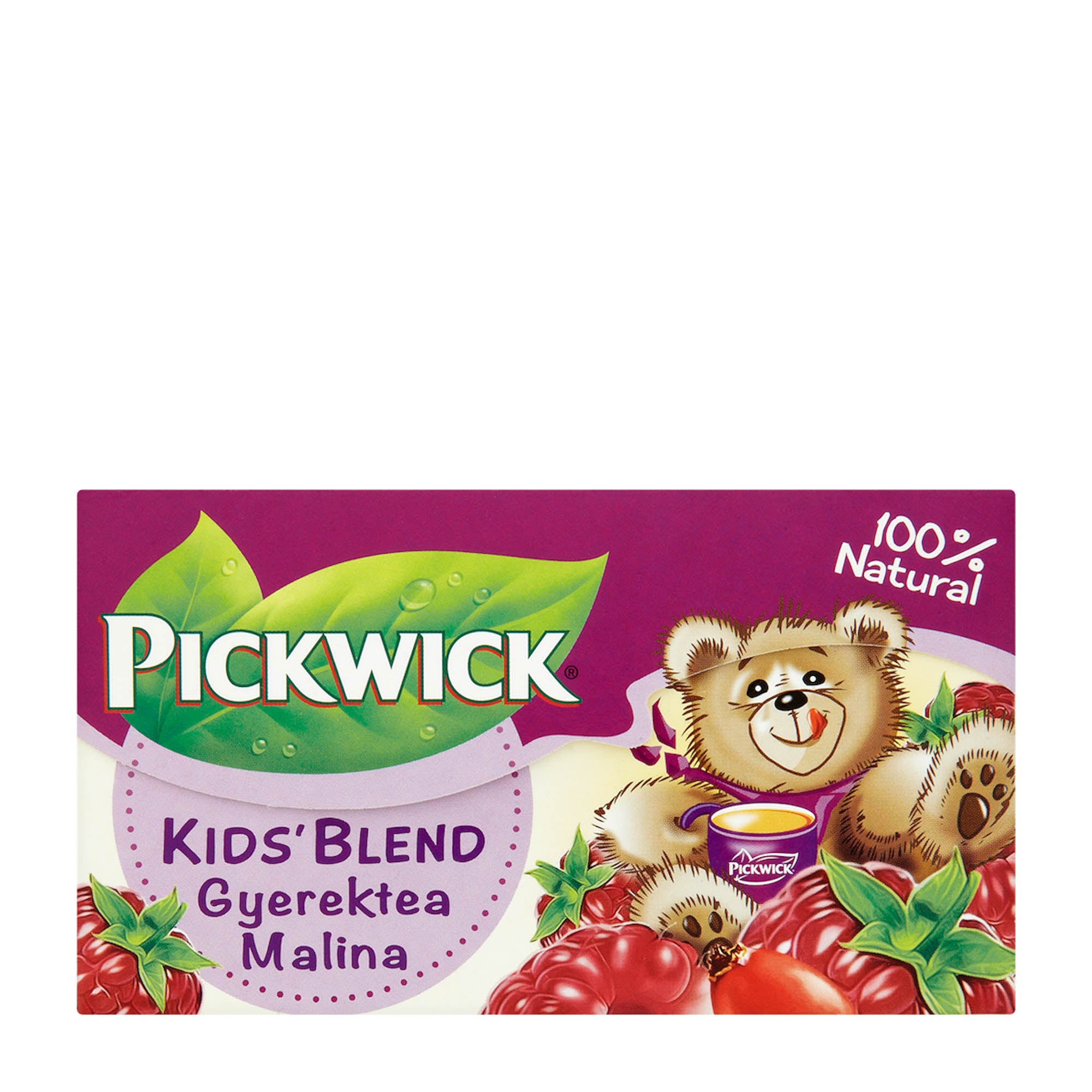 Packaging for Pickwick Kids Blend Raspberry Rooibos Tea showing a cartoon bear, raspberries, and the product name.