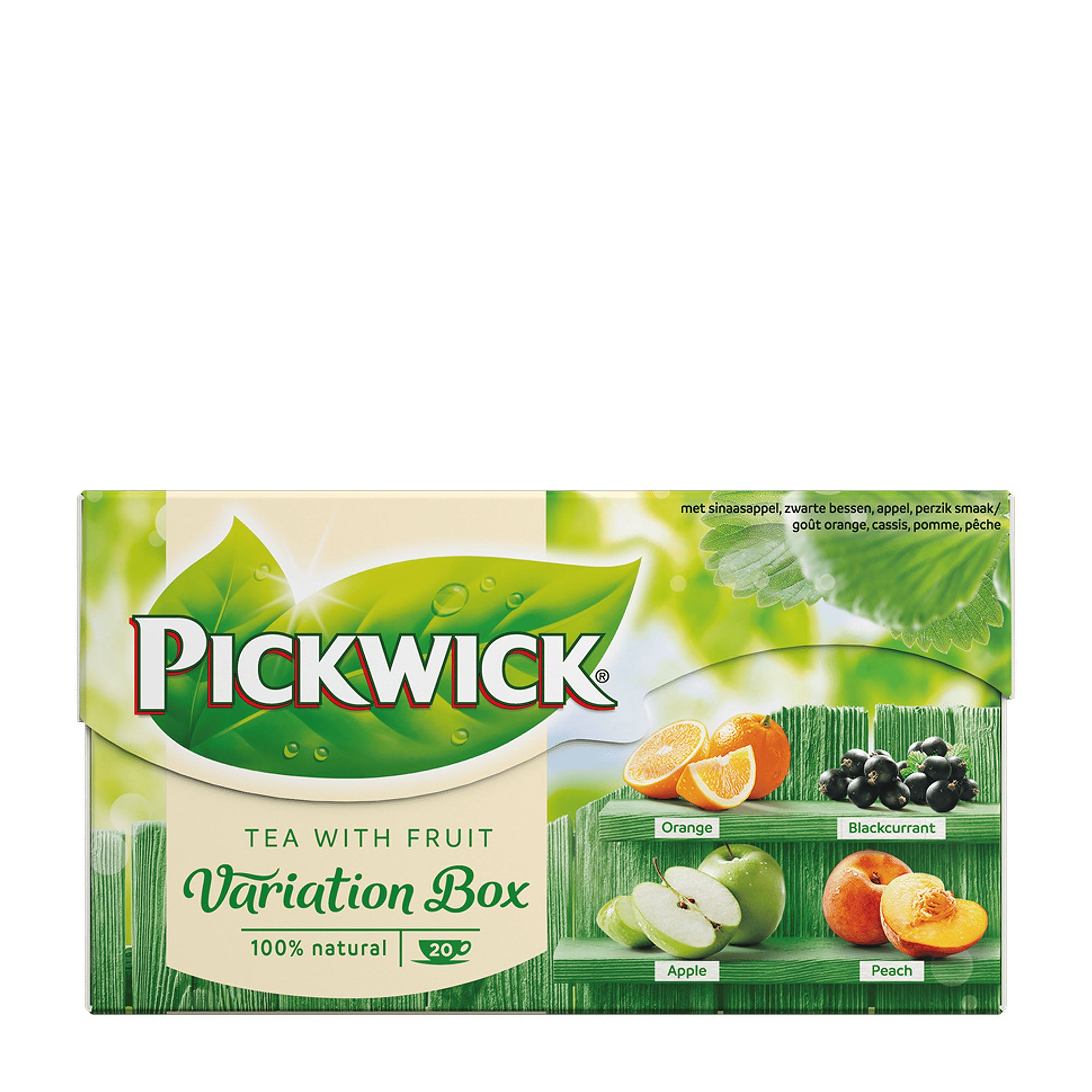 Packaging of Pickwick tea with fruit variation box on a white background